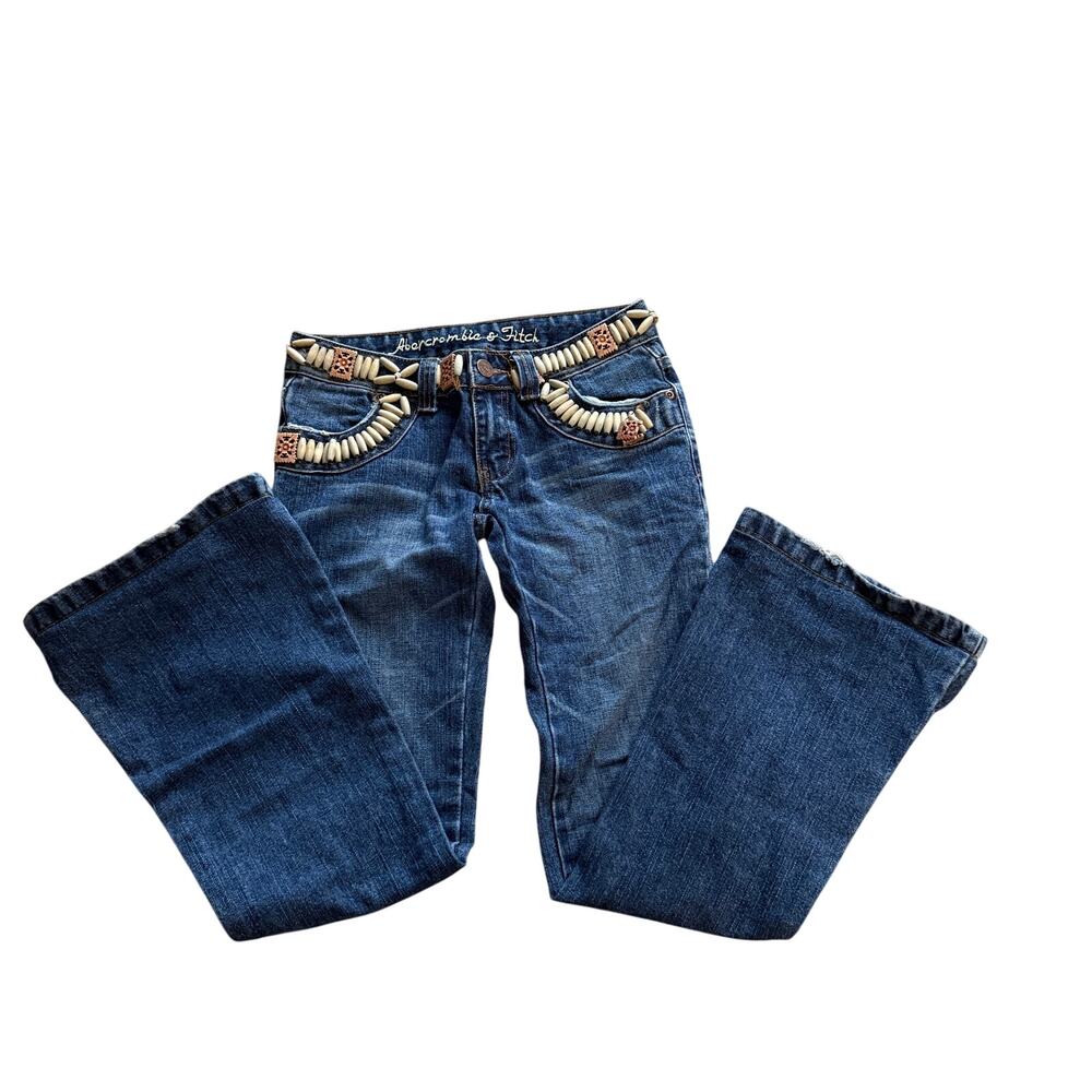 Abercrombie & Fitch Blue Flare Jeans Women's Size 2 Y2K Beaded Embellished Denim - Picture 2 of 7